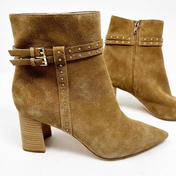 Paige Celia Boots Cognac Pointed Toe Suede Block Heel Booties Size 11 - Picture 2 of 10